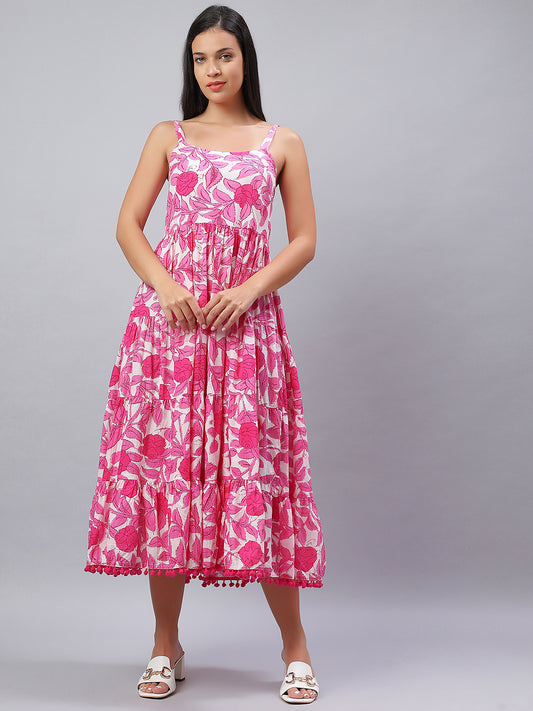 100% Cotton Pink & White Strappy Dress with Playful Pompoms