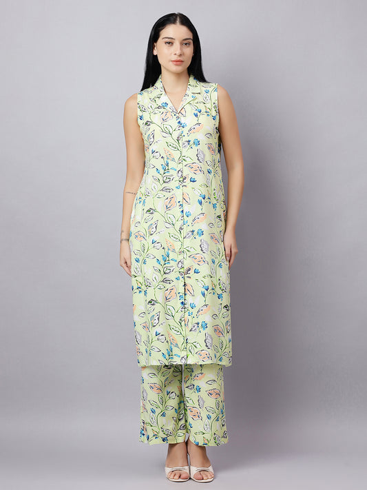 Leaf Print Cotton Co-ord Set for Women – Sleeveless Top & Pants