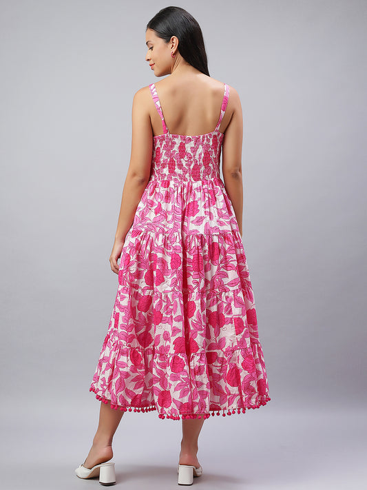 100% Cotton Pink & White Strappy Dress with Playful Pompoms