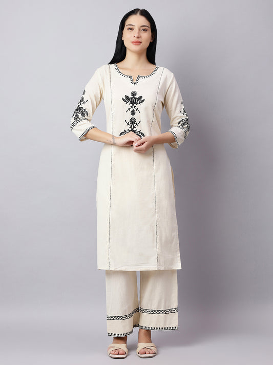 Off-White & Black Embroidered Cotton Kurta Set for Women