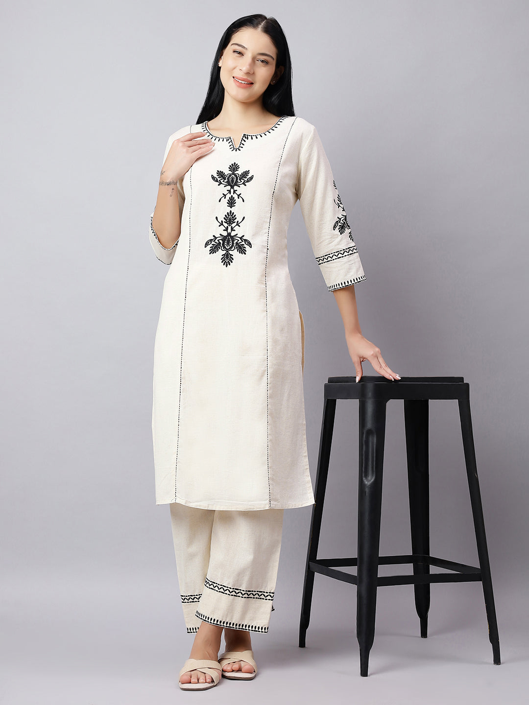 Off-White & Black Embroidered Cotton Kurta Set for Women