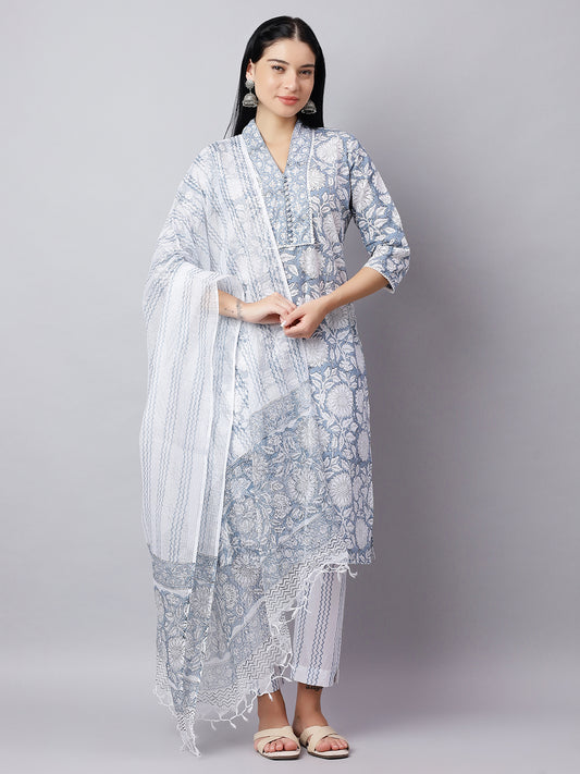 Blue Printed Cotton Kurta Set with Dupatta – Festive Wear for Women