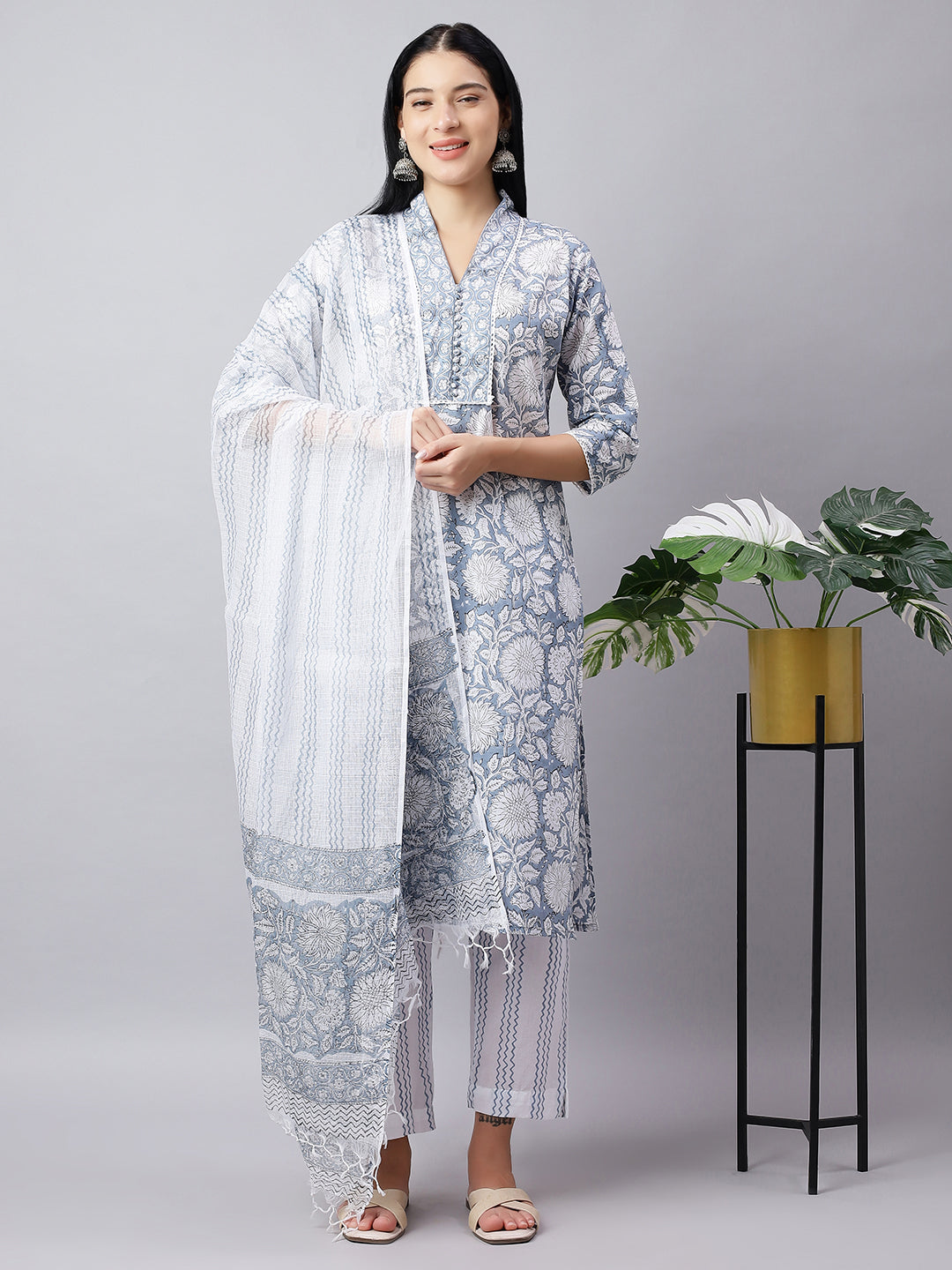 Blue Printed Cotton Kurta Set with Dupatta – Festive Wear for Women