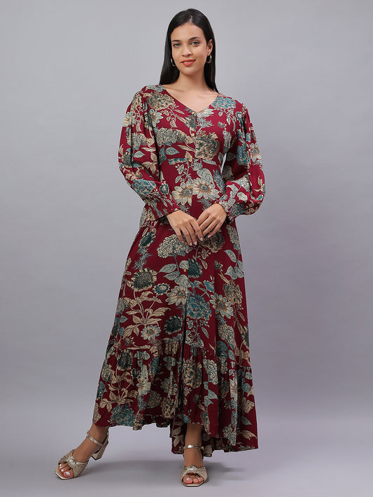 Maroon Floral Rayon Dress Made to Twirl