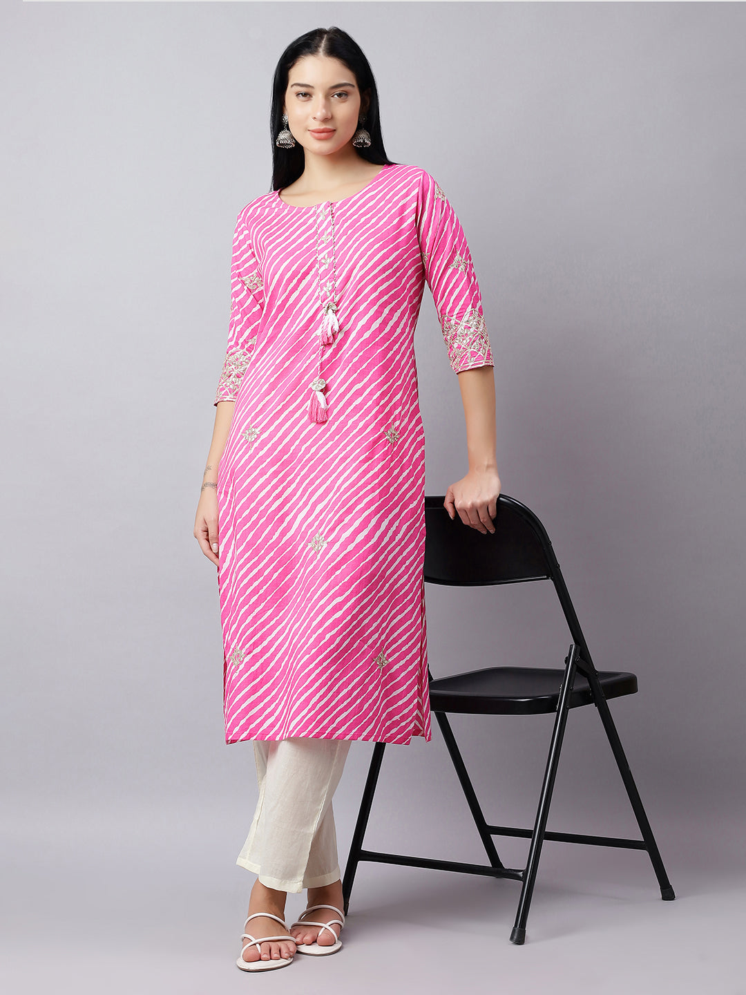 Pink Striped Gota Work Cotton Kurta for Women