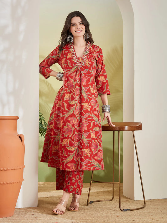 100% Cotton Red Floral Printed Kurta Palazzo Set for Women