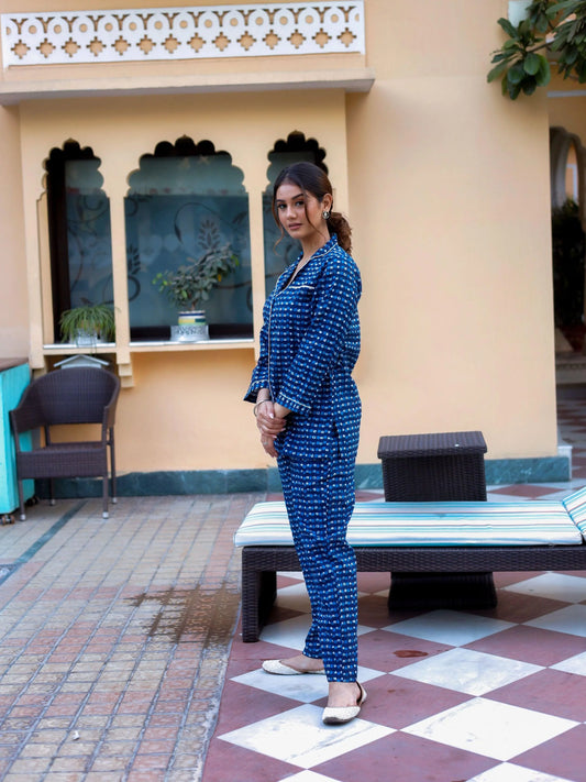 100% Cotton Blue Geometric Printed Full Length Night Suit
