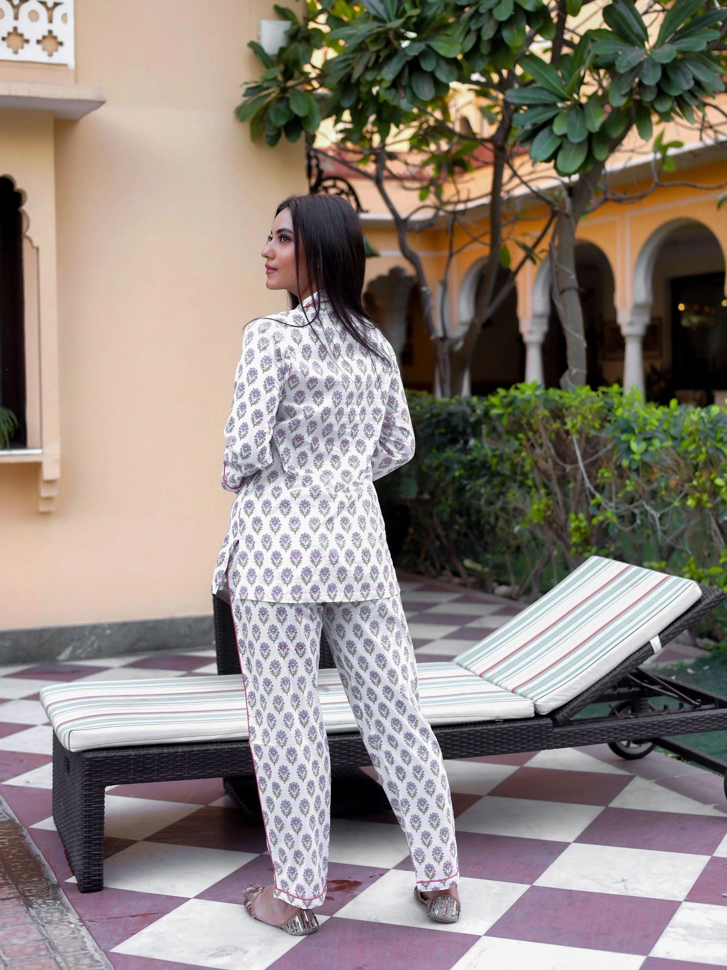 100% Cotton Off-White Block Printed Full Length Night Suit