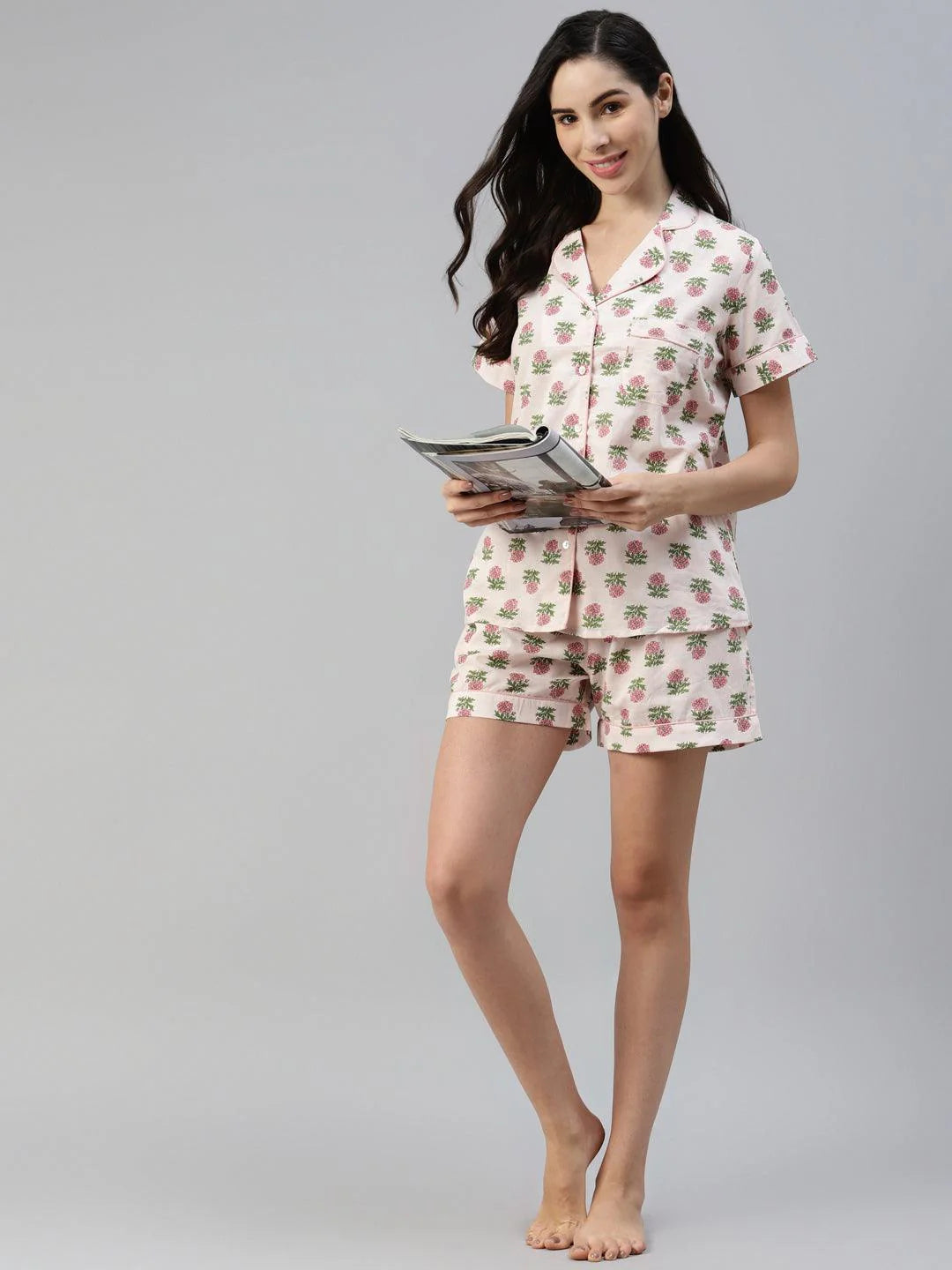 100% Cotton Blush Floral Shirt & Shorts Sleep Wear for Women
