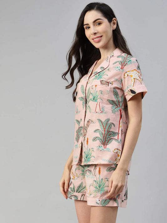 100% Cotton Women's Baby Pink Jungle Print Sleep Set