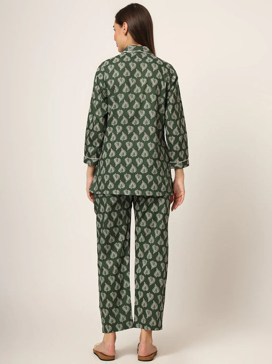 100% Cotton Green Leaf Printed Full Length Night Suit