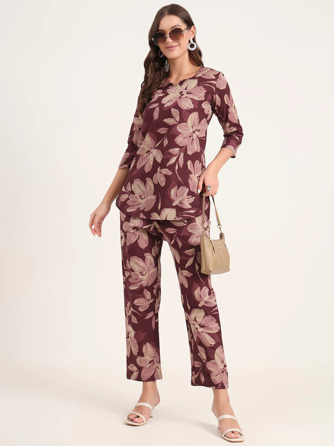 100% Cotton Wine Floral Top & Pants Co-ord Set for Women