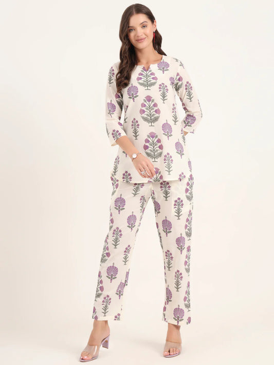 100% Cotton Lavender Floral Top & Pants Co-ord Set for Women