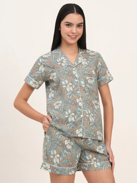 100% Cotton Grey Floral Night Suit for Everyday Comfort