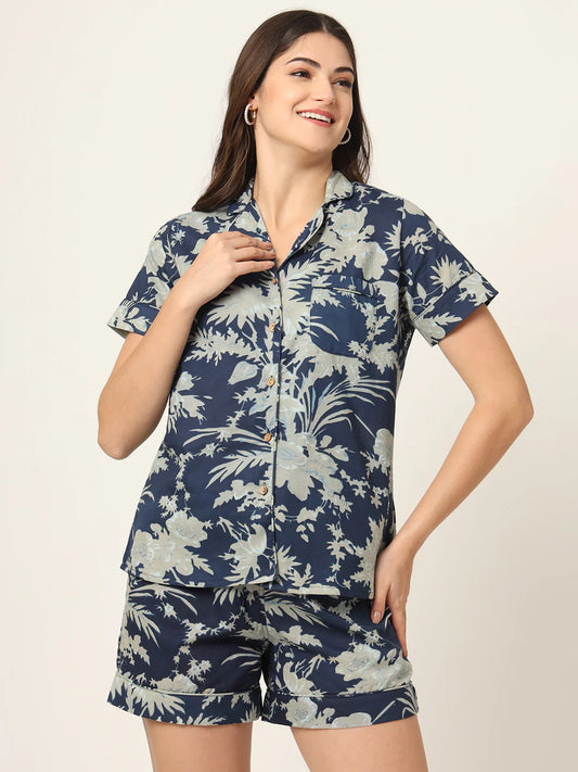 100% Cotton Navy Floral Shirt & Shorts Night Set for Women