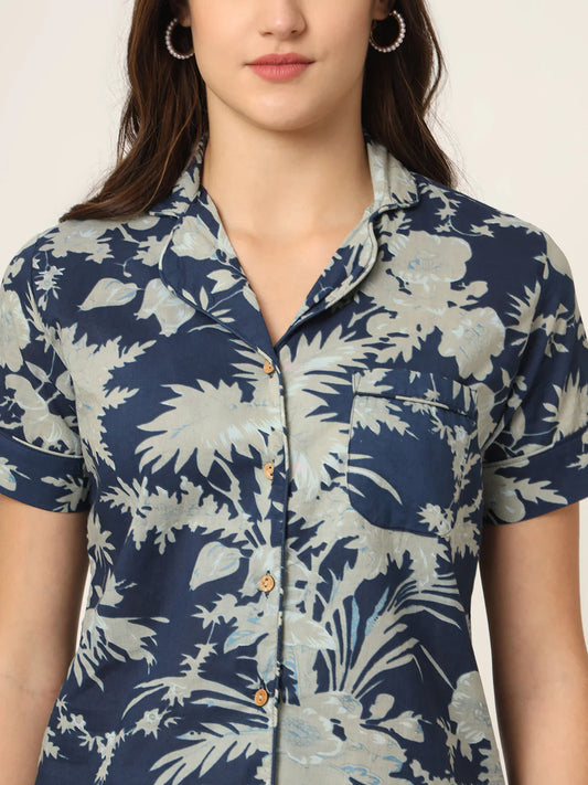 100% Cotton Navy Floral Shirt & Shorts Night Set for Women