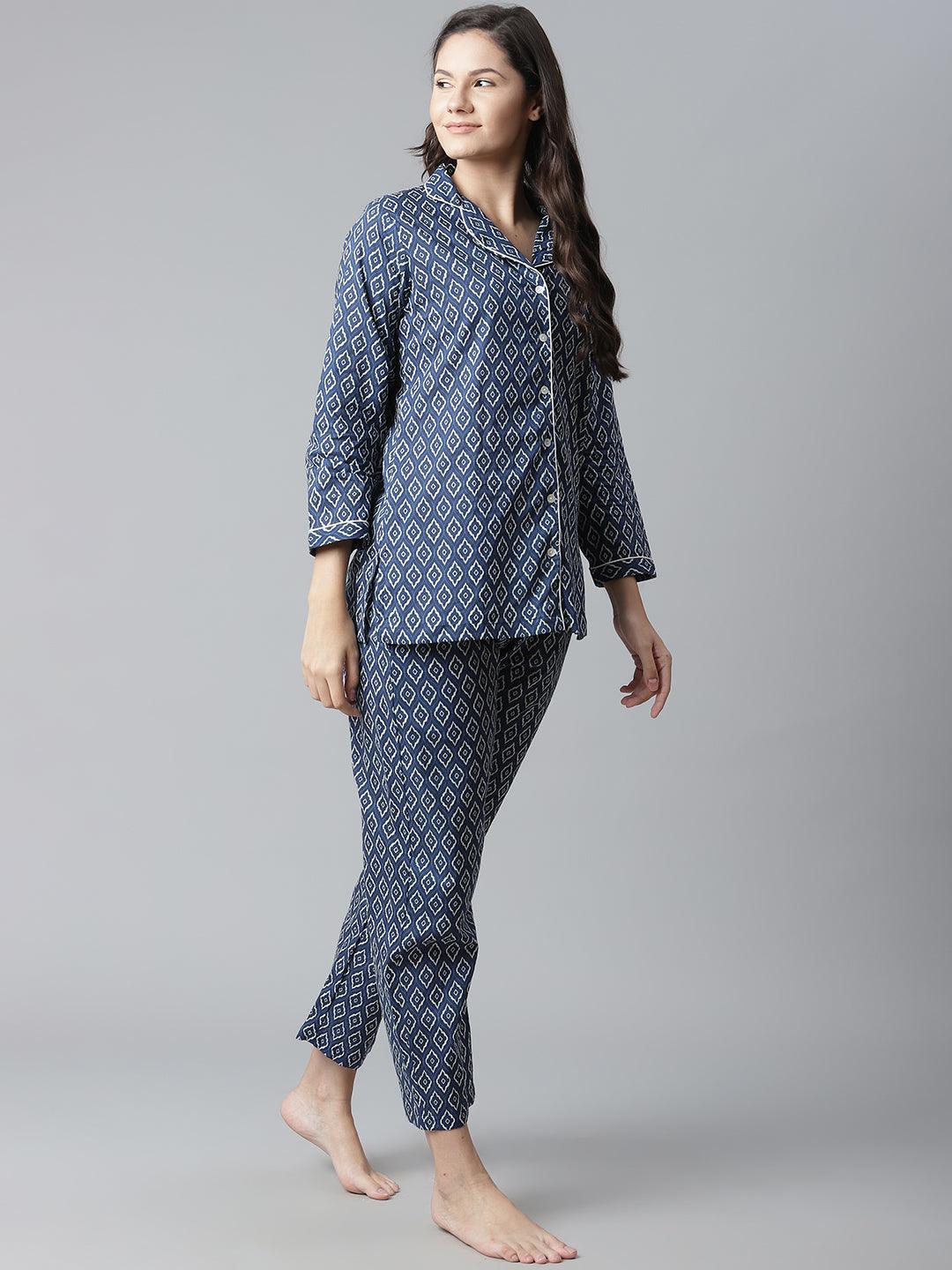 100% Cotton Indigo Mosaic Printed Full Length Night Suit
