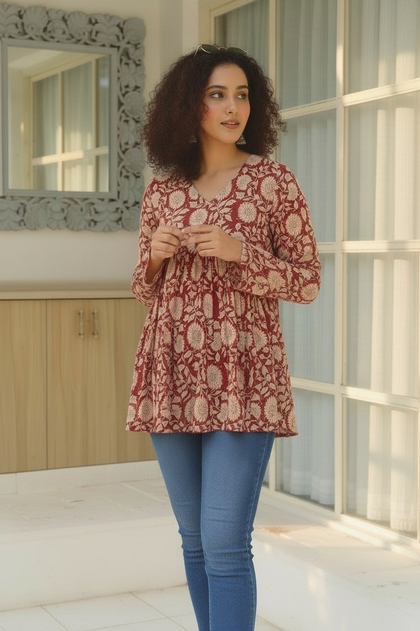 Red Sunflower Printed Cotton Short Kurti with Full Sleeves