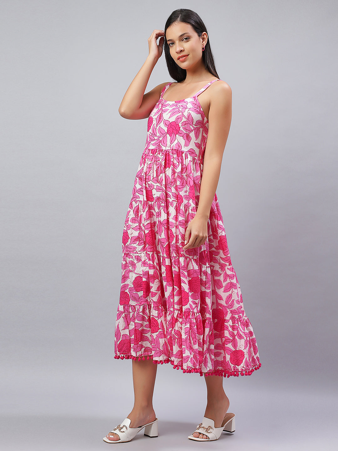 100% Cotton Pink & White Strappy Dress with Playful Pompoms