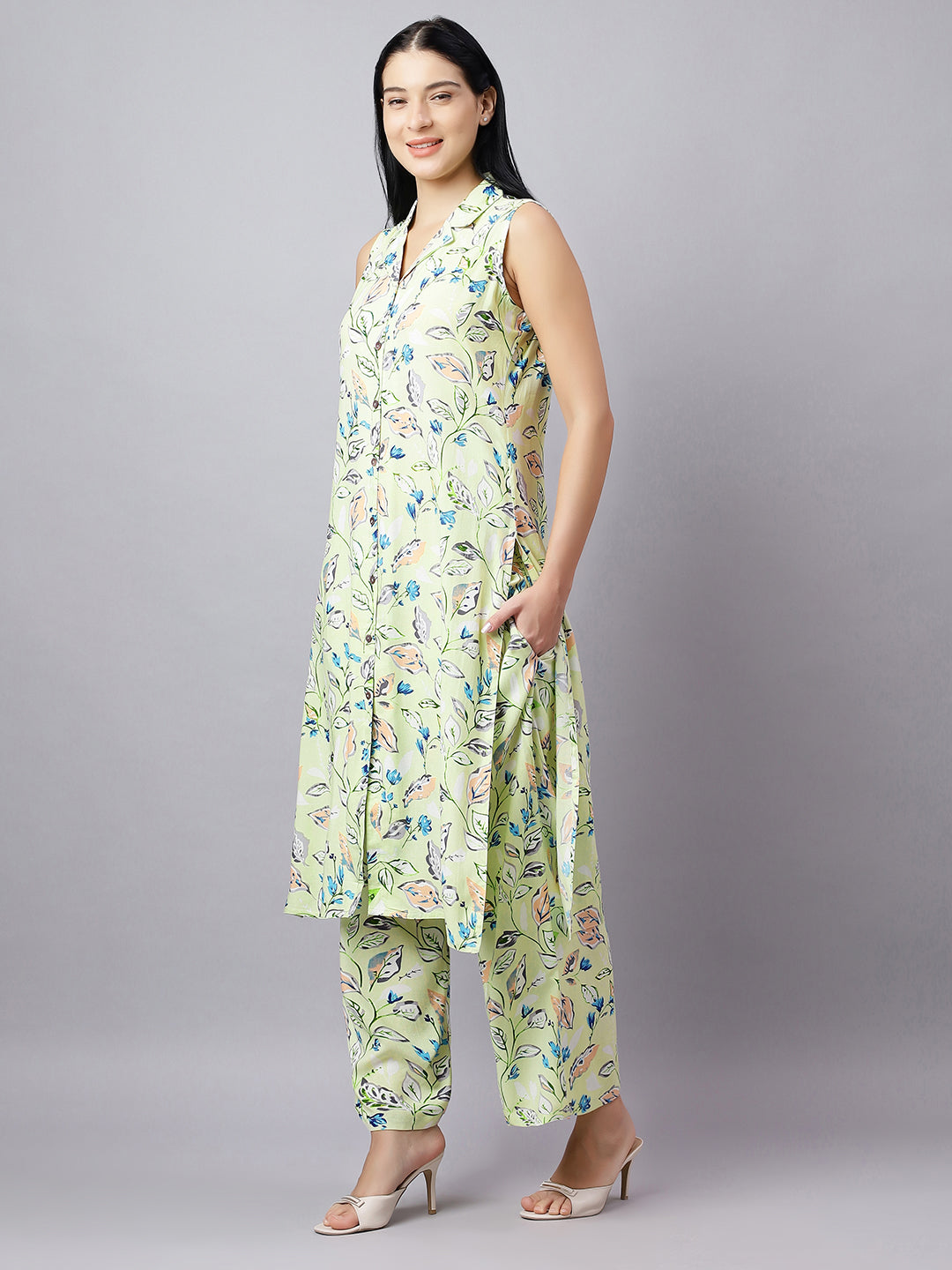 Leaf Print Cotton Co-ord Set for Women – Sleeveless Top & Pants