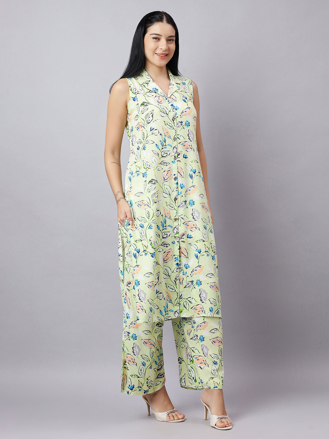 Leaf Print Cotton Co-ord Set for Women – Sleeveless Top & Pants