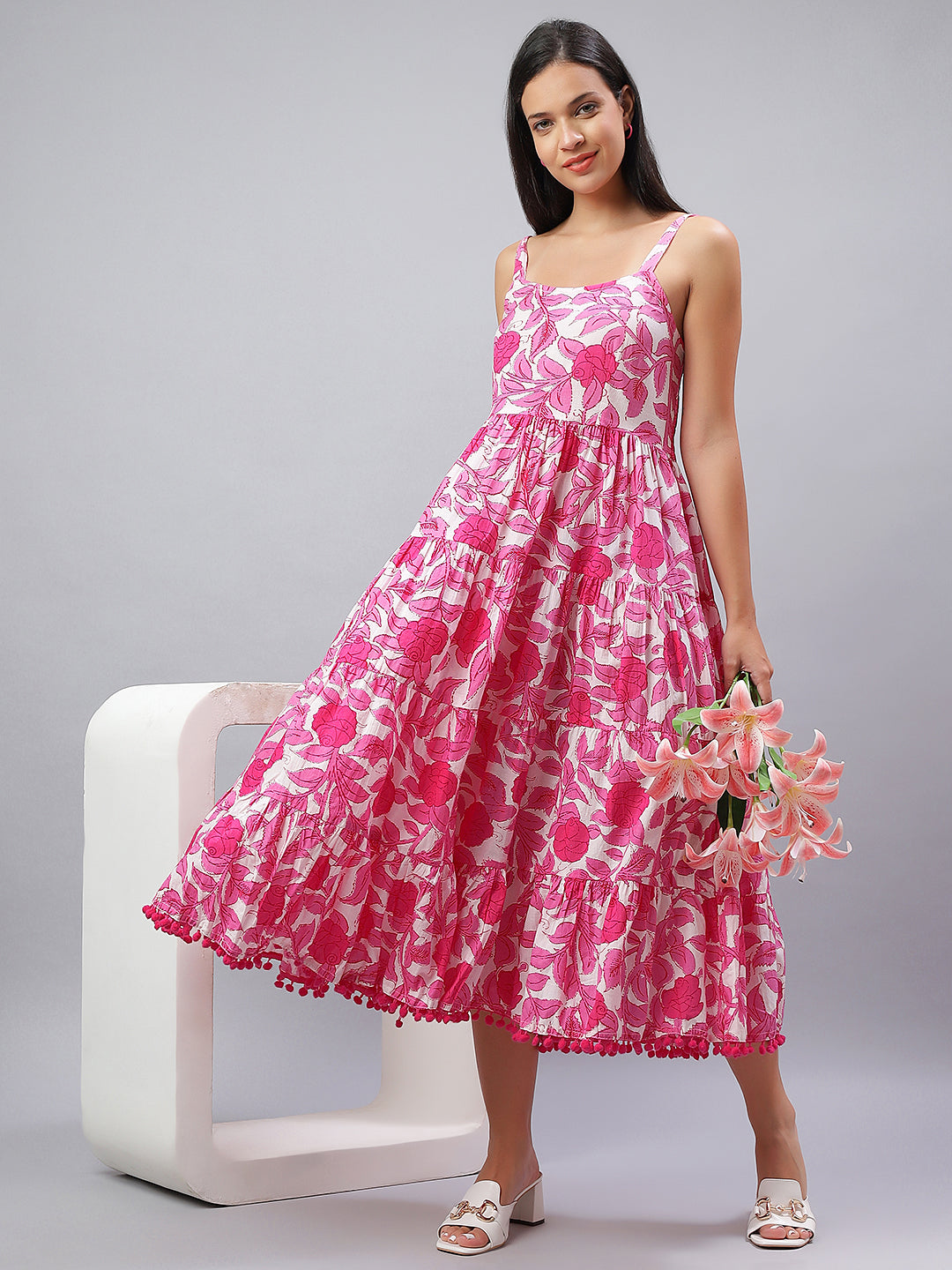 100% Cotton Pink & White Strappy Dress with Playful Pompoms