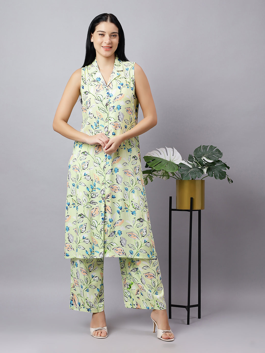 Leaf Print Cotton Co-ord Set for Women – Sleeveless Top & Pants