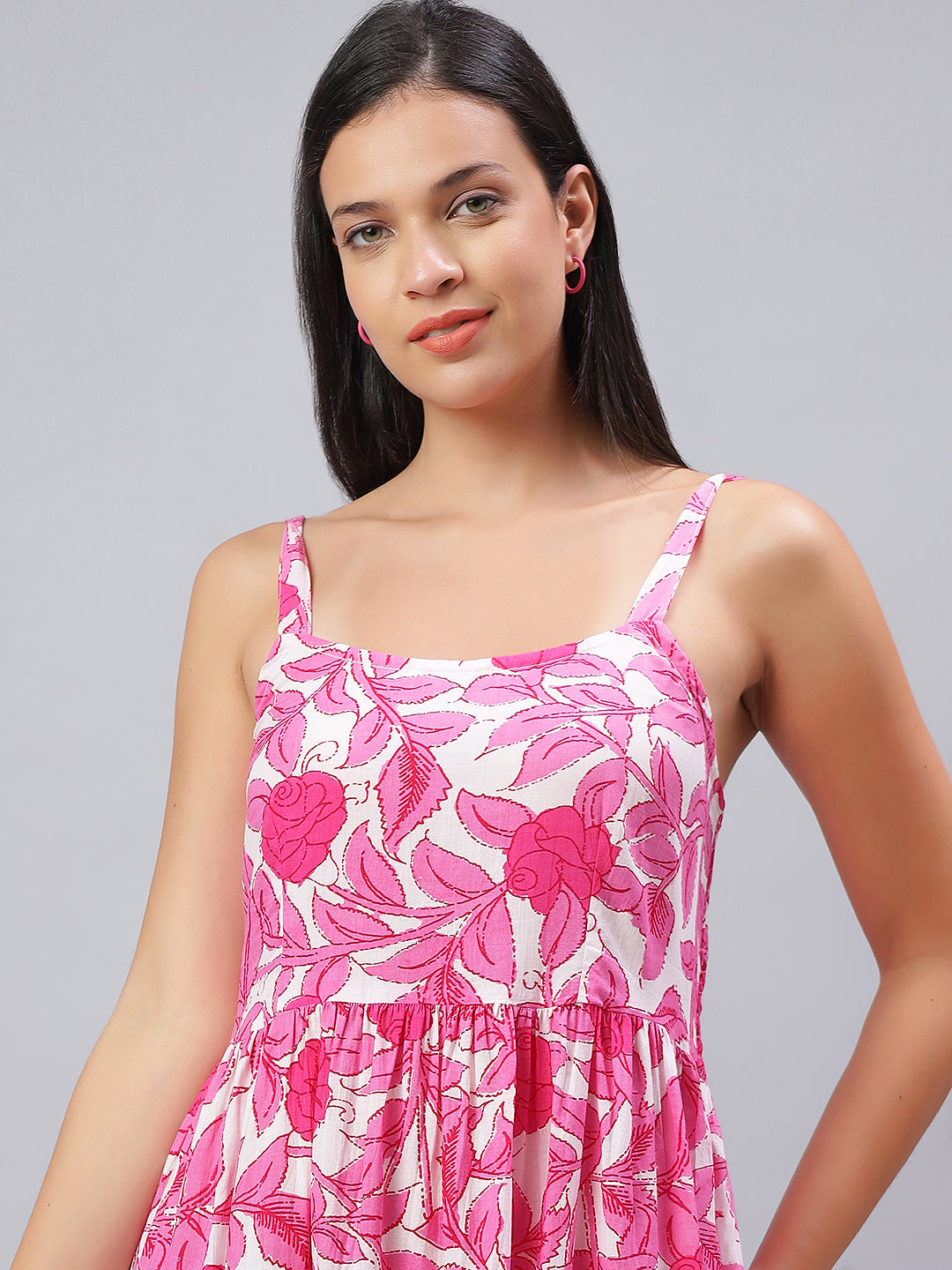 100% Cotton Pink & White Strappy Dress with Playful Pompoms