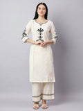 Off-White & Black Embroidered Cotton Kurta Set for Women