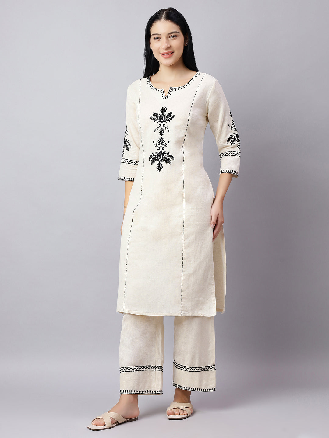 Off-White & Black Embroidered Cotton Kurta Set for Women