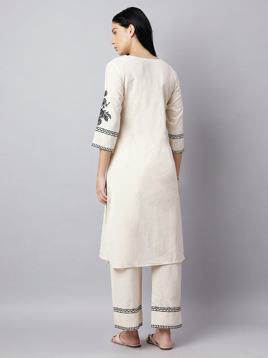 Off-White & Black Embroidered Cotton Kurta Set for Women
