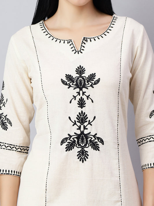 Off-White & Black Embroidered Cotton Kurta Set for Women