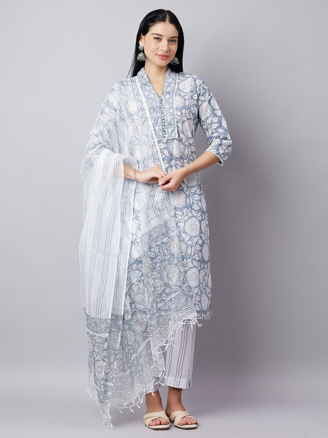 Blue Printed Cotton Kurta Set with Dupatta – Festive Wear for Women