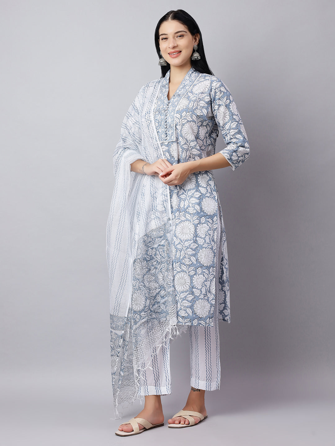 Blue Printed Cotton Kurta Set with Dupatta – Festive Wear for Women