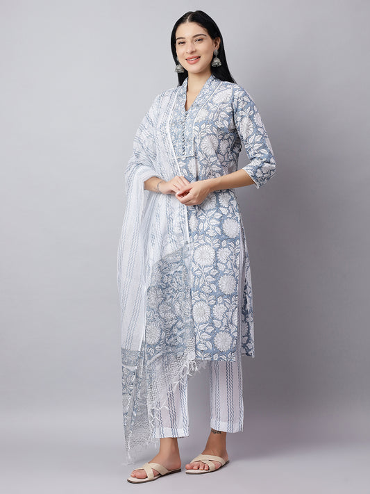 Blue Printed Cotton Kurta Set with Dupatta | Festive Wear for Women