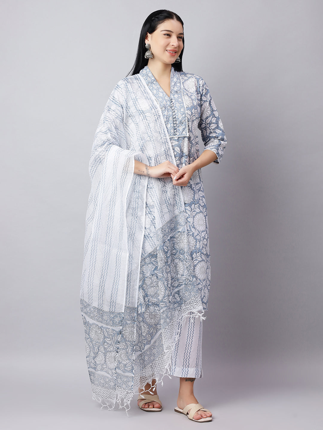 Blue Printed Cotton Kurta Set with Dupatta – Festive Wear for Women