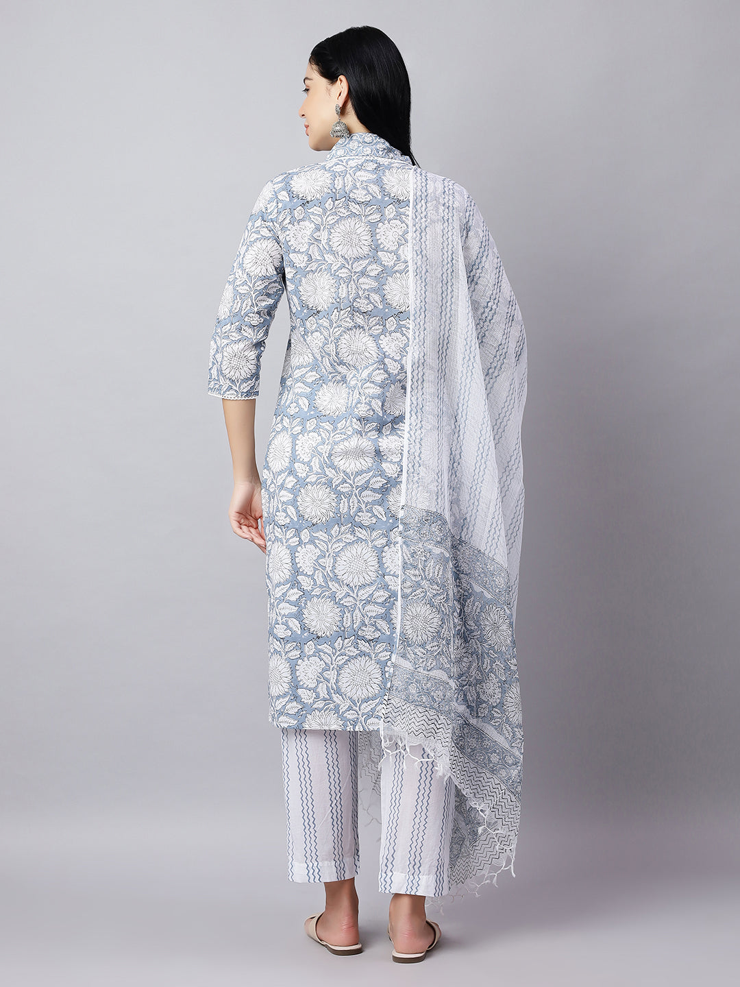 Blue Printed Cotton Kurta Set with Dupatta – Festive Wear for Women