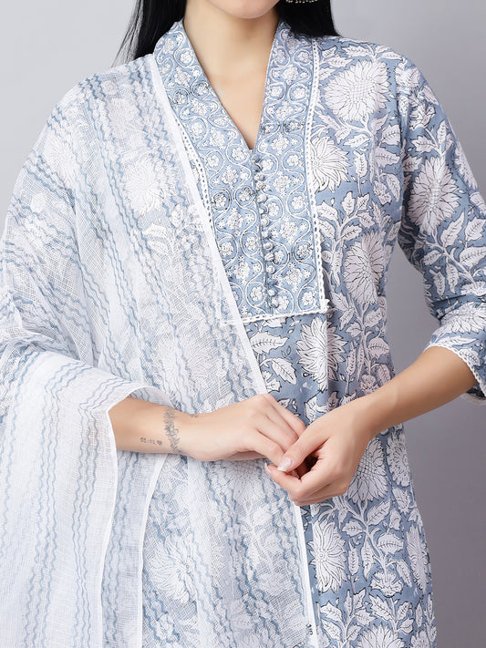 Blue Printed Cotton Kurta Set with Dupatta – Festive Wear for Women