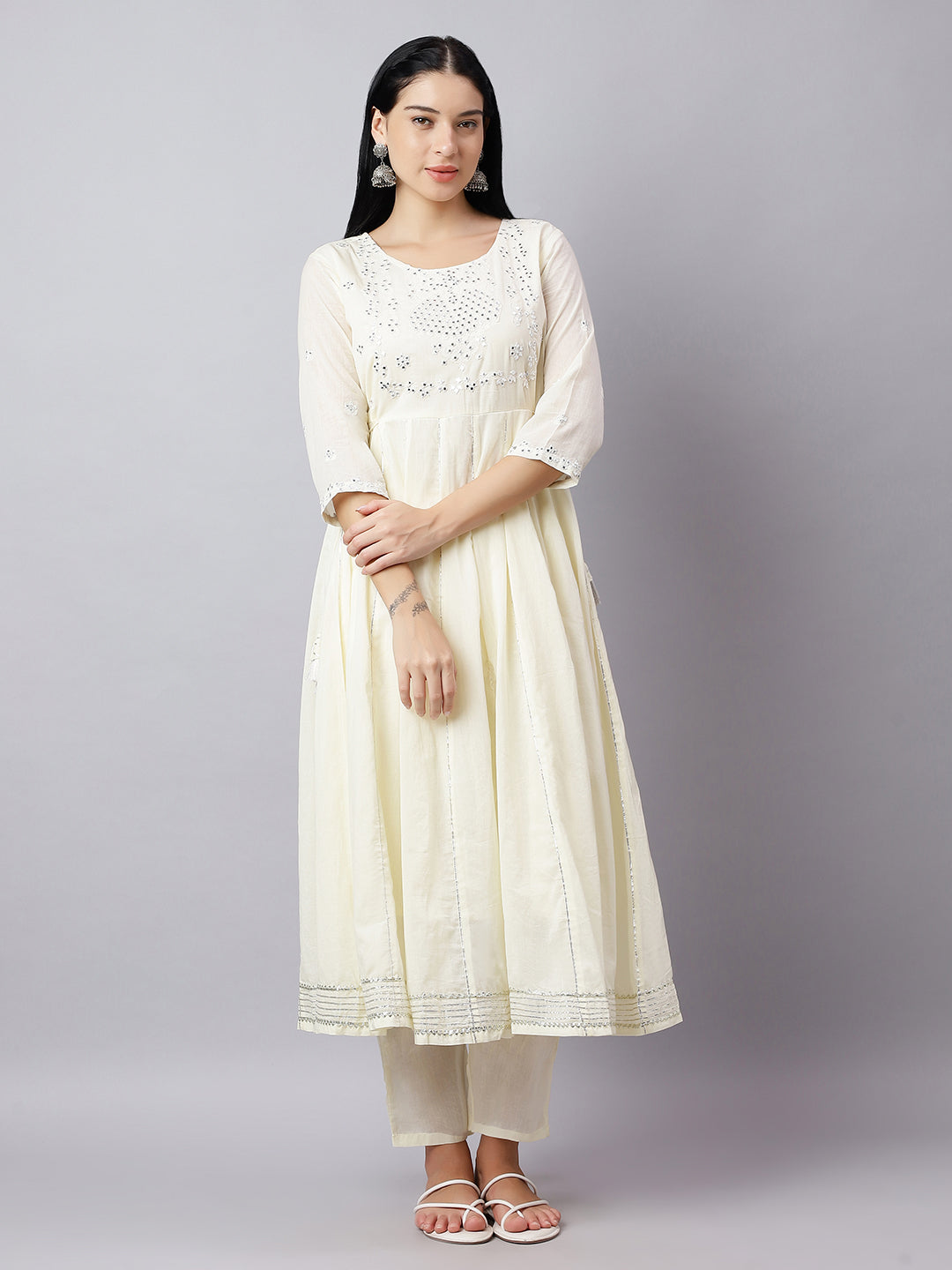 Anarkali Kurta Set for Women – Ivory Cotton Suit with Mirror Work