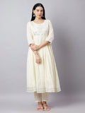 Anarkali Kurta Set for Women – Ivory Cotton Suit with Mirror Work