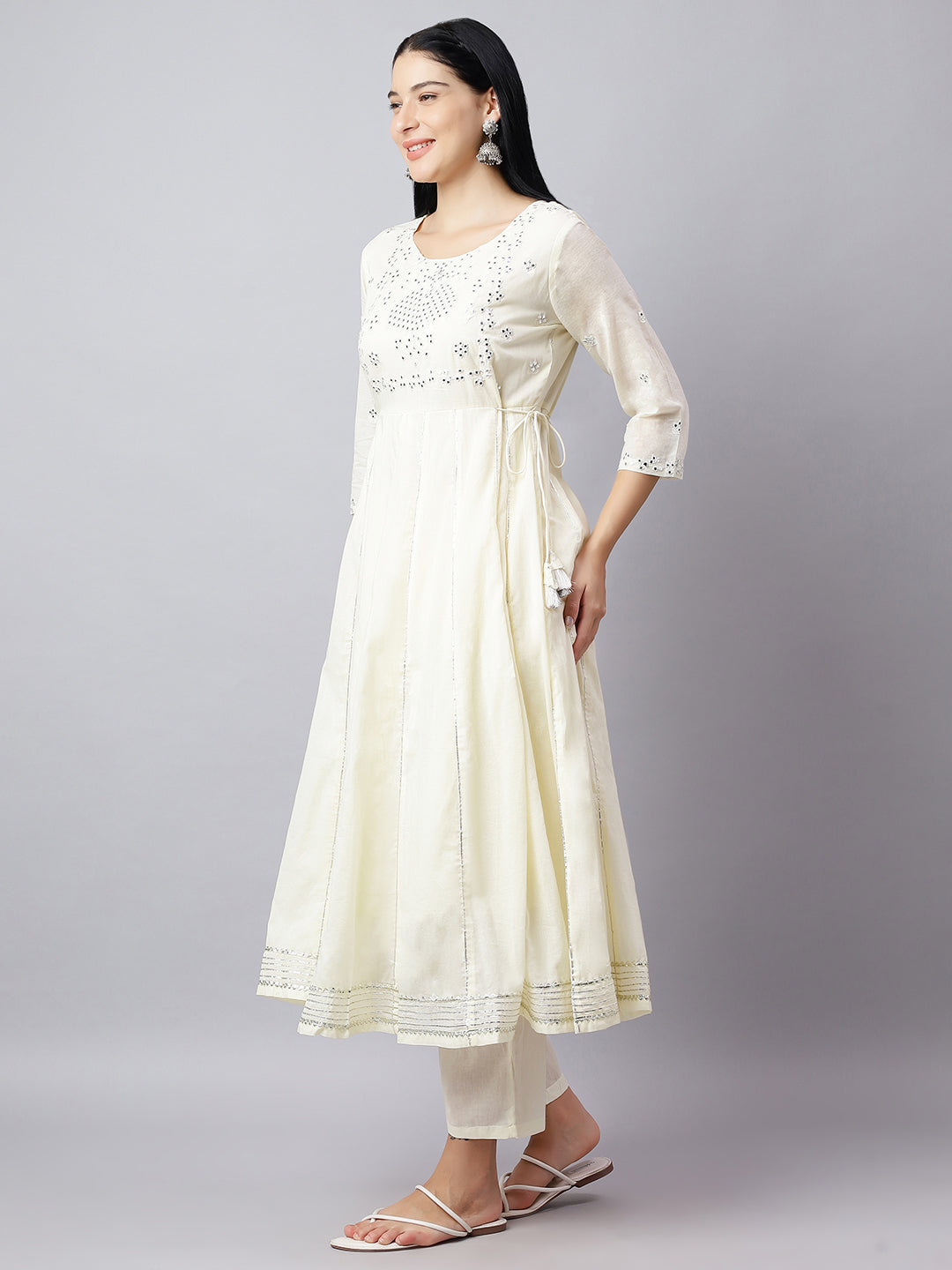 Anarkali Kurta Set for Women – Ivory Cotton Suit with Mirror Work