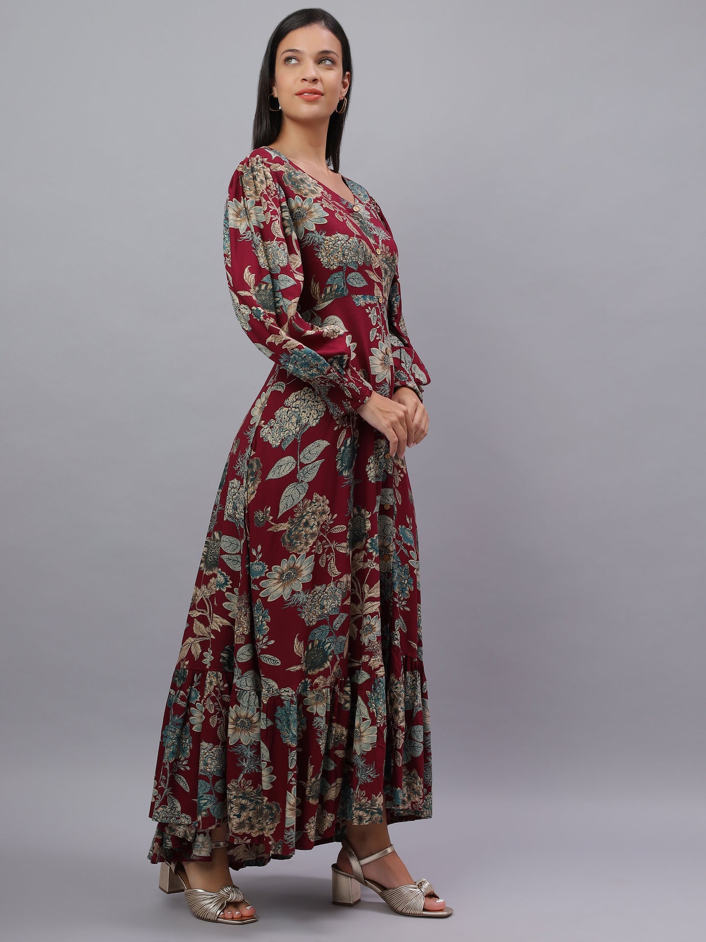 Maroon Floral Rayon Dress Made to Twirl