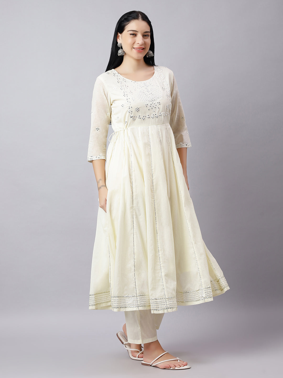 Anarkali Kurta Set for Women – Ivory Cotton Suit with Mirror Work