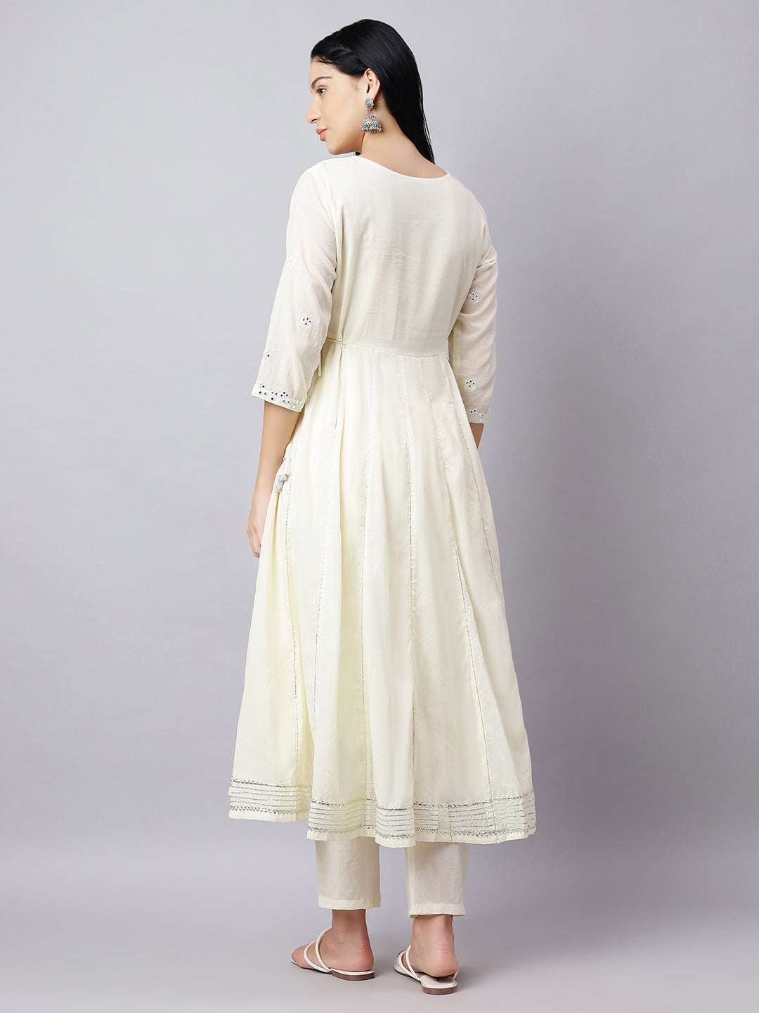 Anarkali Kurta Set for Women – Ivory Cotton Suit with Mirror Work