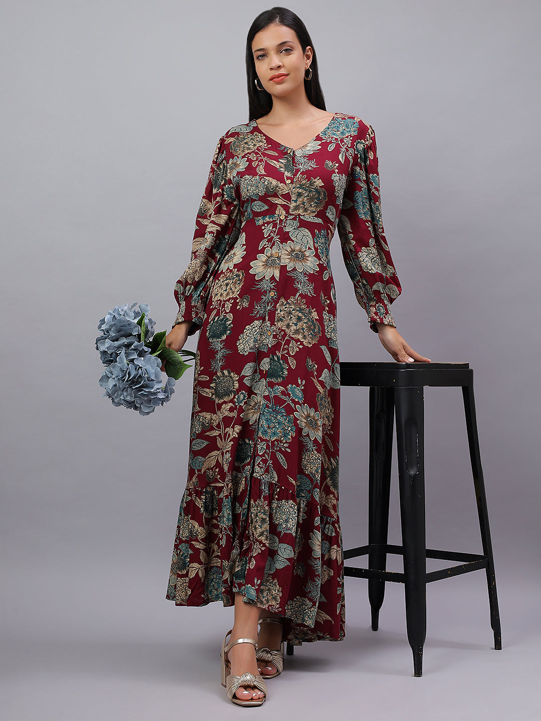Maroon Floral Rayon Dress Made to Twirl