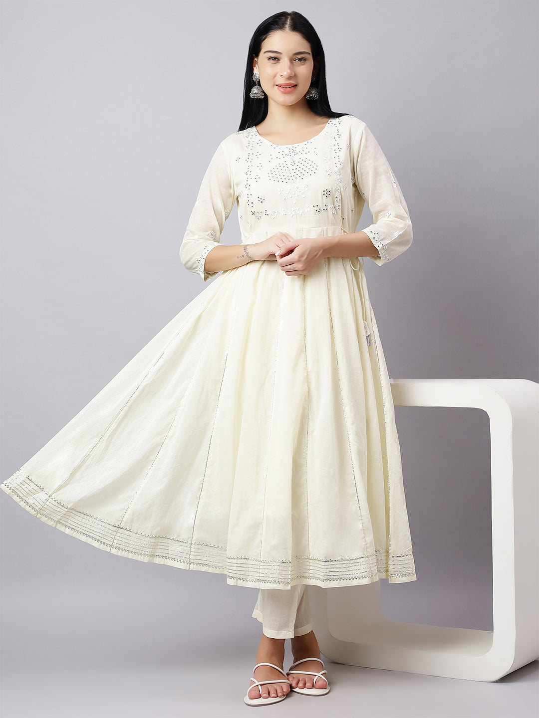 Anarkali Kurta Set for Women – Ivory Cotton Suit with Mirror Work