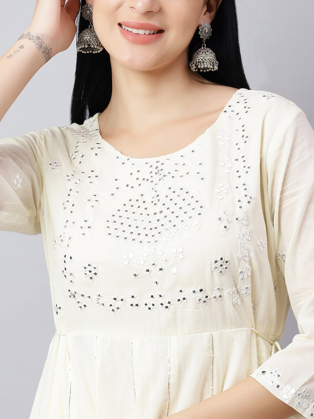 Anarkali Kurta Set for Women – Ivory Cotton Suit with Mirror Work