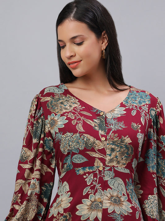 Maroon Floral Rayon Dress Made to Twirl