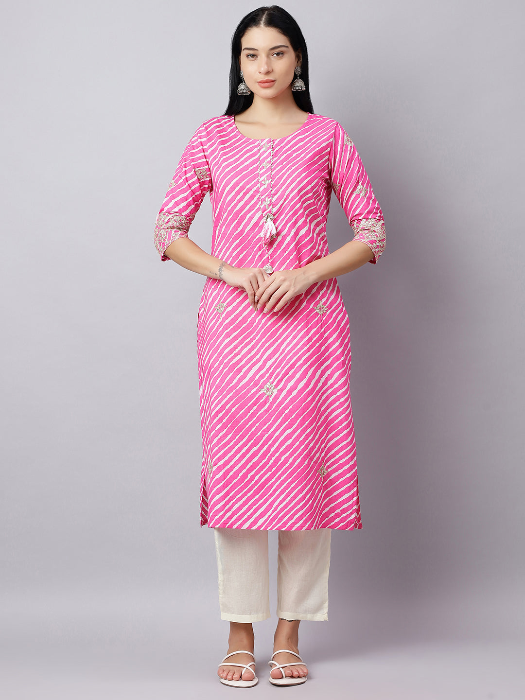 Pink Striped Gota Work Cotton Kurta for Women