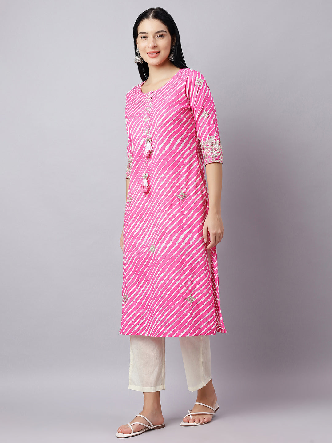 Pink Striped Gota Work Cotton Kurta for Women